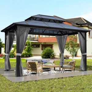 10’x12′ Heavy Duty Steel Carport Outdoor Waterproof Double Roof Canopy Durable Windproof Pavilion with Curtns & Netting