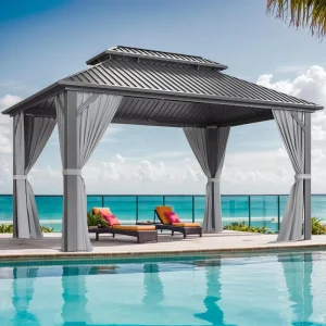 10×14 FT Hardtop Gazebo Heavy Duty Galvanized Steel Double Roof Aluminum Frame Permanent Pavilion Screen Windproof Curtains