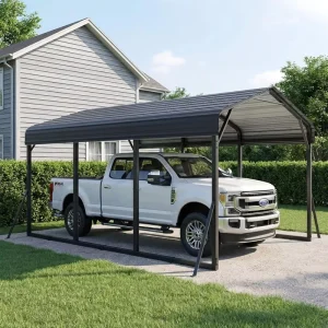 10×15 FT Modern Heavy Duty Metal Carport Galvanized Steel Frame Powder Coated Finish Waterproof Corrugated Roof Outdoor Car