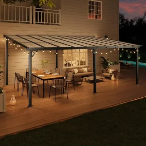 10x20FT Lean Gazebo Hardtop Aluminum Pergola Polycarbonate Roof Modern Luxury Design Screen Large Wall Mounted Heavy Duty