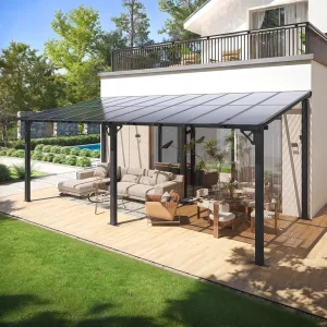 10x20FT Lean-To Gazebo Hardtop Metal Pergola with Polycarbonate Roof and Wall-Mounted Heavy-Duty Awning