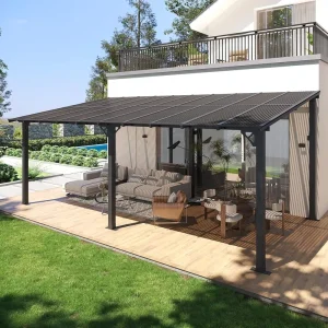 10x20FT Lean-To Gazebo Hardtop Metal Pergola with Polycarbonate Roof and Wall-Mounted Heavy-Duty Awning