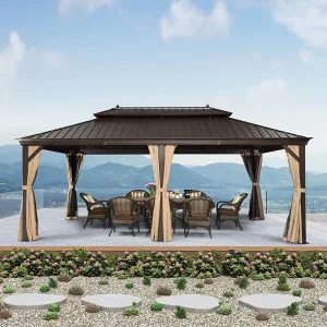 12′ X 20′ Outdoor Galvanized Steel Hardtop Double Roof Permanent Gazebo Canopy Aluminum Frame Gazebo with Curtains and Netting