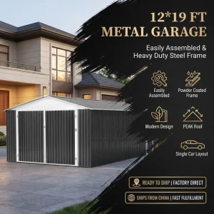 12X19 FT Modern All Inclusive Outdoor Carport Garage Nature Design Peak Roof Easily Assembled Grey Aluminum Frame