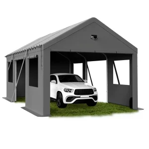 12×20 Carport Canopy Garage with Removable Sidewalls, Zipper Doors and Side Doors, Grey