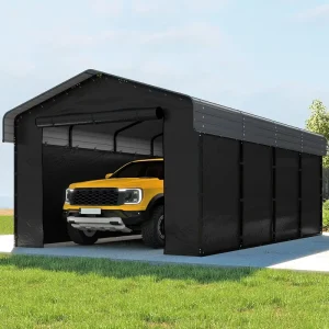 12×20 ft Heavy Duty Galvanized Steel Frame Waterproof Peak Roof Carport with Removable Sidewalls, Multi-Purpose Garage Shelter