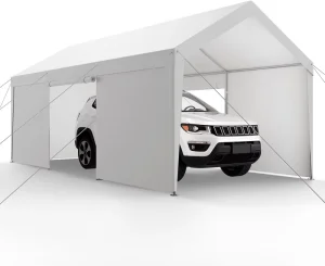12×20 ft Steel Frame Carport with Removable Side Walls, Peak Roof, UV- and Water-Resistant, for Cars and Boats