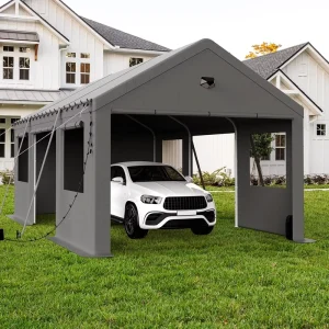15×20 Steel Frame Foldable Waterproof Carport Canopy Garage with Removable Side Walls, Zipper Roll-Up Doors, Grey