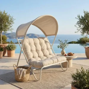 2 Seater Outdoor Canopy Lounge Chair Steel Frame Powder Coating PP Cotton Cushion Mesh Fabric Patio Daybed for Garden