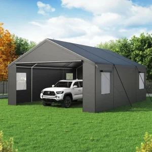 20′ X 20′ Heavy Duty Anti-Snow Waterproof Foldable Outdoor Garage Car Canopy with Reinforced Ground Bars, Steel Frame, 2-Car
