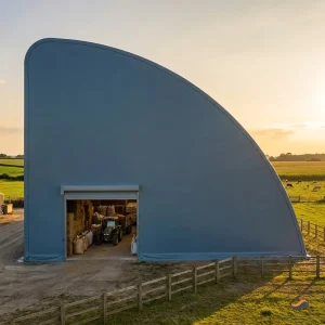20 Year Design Life Anti Corrosion Npk Storage Building Monopitch Half Arch 100x120m Blue PVDF for Sulfur Storage Containment