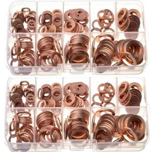 200Pcs Copper Washer Gasket Nut and Bolt Set Flat Ring Seal Assortment Kit With Box M8 M10 M12 M14 for Sump Plugs