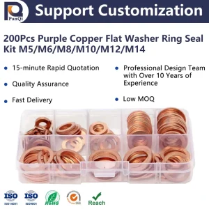 200Pcs Purple Copper Flat Washer Ring Seal Kit M5 M6 M8 M10 M12 M14 Nut Bolt Assortment Brass Sump Plugs Gaskets for Various