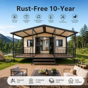 20ft Double-Wing Prefabricated Villa with Sloped Steel Roof and Wide Terrace for Resort Use