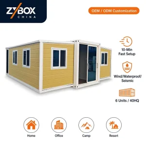 20ft Expandable Container House Brick Red Wood Grain Wide Porch Deck Prefab Modular Forest Holiday Cabin