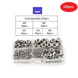 220pcs 304 Stainless Steel Metric Nut Assortment Kit 5 Sizes M3 M4 M5 M6 M8 Stainless Steel Nuts
