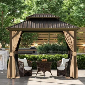 243.84 X 304.8cm Hardtop Gazebo Canopy with Netting & Curtains Outdoor Metal Gazebo with Galvanized Steel Double Roof Brown