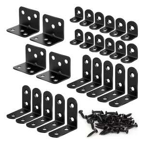 26pcs Black Metal L Bracket Corner Brace 3 Sizes Stainless Steel for Wood Shelves Furniture Cabinet Drawer Chair with 88 Screws