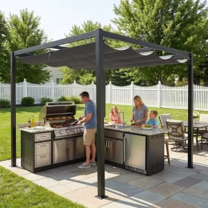 2x3m 3x3m 3x4m Outdoor Sun Shelter Metal Sliding Canopy Pergola Durable Steel Frame Garden Gazebo OEM
