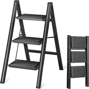 3 Step Foldable Step Ladder Wide Anti Slip Heavy Duty Full Steel 330 Lbs Load Capacity Black