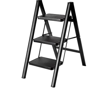 3 Step Folding Steel Step Ladder 330 Lbs Load Capacity Compact Design for Kitchen & Home Use Black