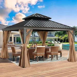 3.7×3.7m Double Roof Gazebo Hardtop Festdach Pavillon with Powder Coated Frame Pavilion Pérgola De Techo Duro Curtain