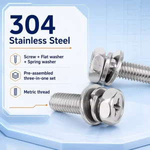 304 Stainless Steel Concave Cross Groove Hexagon Screws M4 M5 M6 M8 Flat Spring Pad Three Combination Screws