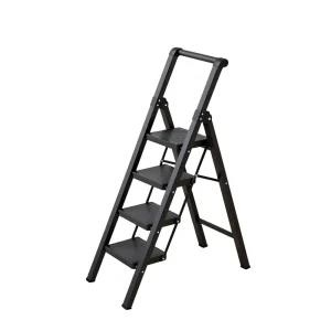 4-Step Anti-Rust Folding Steel Frame Ladder Wide Nonslip Pedals Comfort Handgrip 150kg Load Capacity Gym Staircase