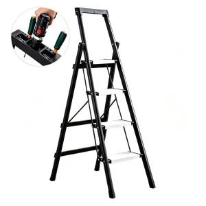 4 Steps A-Shape Folding Steel Frame Wide Nonskid Aluminum Tread Ladder with Tool Holder 150kg EN 131 for Hotel