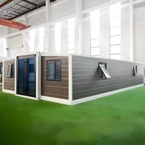 40ft Wood Grain Expandable Container Home 1 in 40HQ 74sqm 3 Bedroom Prefab Villa for Rural Community Housing