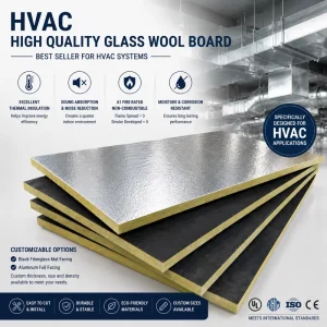 48kg 30mm HVAC Glass Wool Panel with Black Fiberglass or Aluminum Foil Facing A1 Fireproof Thermal Insulation Glass Wool Board