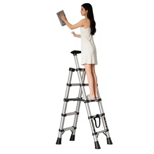 5 Step One Click Retractable Lightweight Safety Foldable Metal Stool Ladder 150kg Capacity Apartment Use Modern Portable 1 Year
