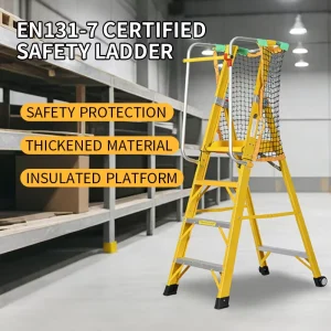 ANSI EN131 Fiberglass Step Ladder for Electricians Insulated A-Frame with Tool Tray Handrail and Wheels Non-Conductive Non-Slip