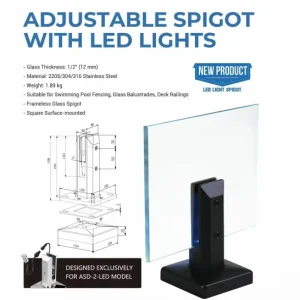Adjustable LED Glass Spigot 2205 304 316 Stainless Steel Square Surface Mounted for Swimming Pool Fence Balustrade