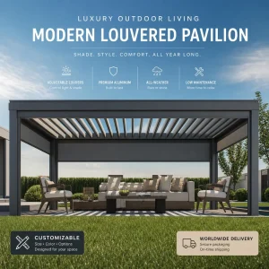 Aluminum Louvered Pergola Motorized Waterproof Adjustable Slats LED Outdoor Canopy Villa Poolside Factory Direct