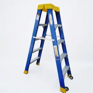 Blue Fiberglass A Frame Insulated Heavy Duty Step Ladder with Rolling Wheels for Electricians Indoor Outdoor Use