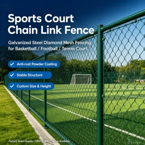 Chain Link Sports Court Fence Powder Coated Steel Tube 5mm Wire Mesh Basketball Football Tennis Court Fencing Custom OEM UV