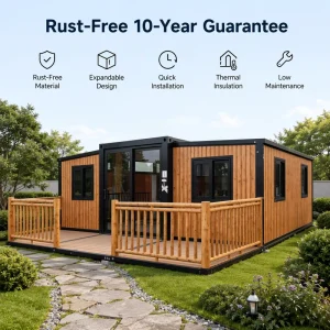 Contemporary Wood Grain 40ft Expandable Container Villa with Sloped Roof and Private Balcony for Resort Property Portfolio