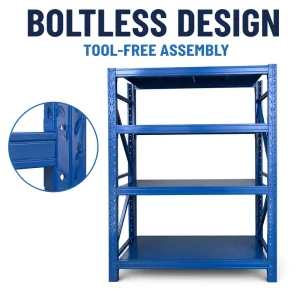 Corrosion Resistant Heavy Duty Metal Shelving Storage System 4 Tier Solid Steel Boltless Storage Rack Industrial Blue
