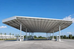 Custom Long Span Steel Space Frame Gas Station Canopy Fuel Station Shade Roof Prefab Service Station Structure