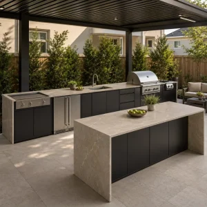Custom Outdoor Kitchen Pergola System 304 Stainless Steel Cabinets Motorized Louver Roof