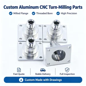 Custom Precision CNC Machining Stainless Steel Square Flange Mounting Block Threaded Adapter Housing with 4 Holes