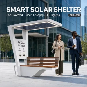 Custom Smart Solar Shelter Bench with USB Wireless Charging LED Lighting for Parks Bus Stops and Smart City Projects