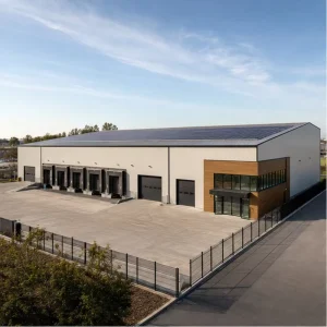 Custom Steel Structure Warehouse with Loading Bays and Canopy, Watertight Metal Workshop Garage Storage Building