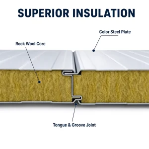 Custom Thickness Rock Wool Metal Sandwich Panel for Cold Room Use Insulated Water and Fire Resistant