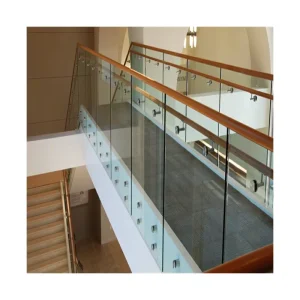 Customization Standoff Glass Railing with Wooden Handrail for Warm and Modern Aesthetic