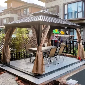 Customized Wind Resistant Hardtop Gazebo Galvanized Steel Roof Aluminum Permanent Outdoor Pavilion with Textilene Mesh