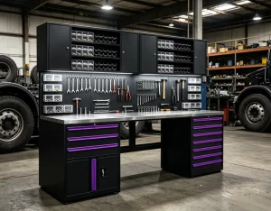Customized Workshop Equipment and Garage Tool Storage Solution with Wooden Countertop Tool Cabinets for Repair Shops