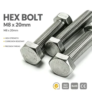 DIN933 SS304 Stainless Steel M5 M20 Multi Pack Full Thread Plain Hex Head Bolts for Industrial Manufacturing