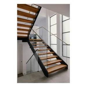 Double Stringer Staircase With Oak Wood Steps Indoor Stair with Stainless Steel Handrail